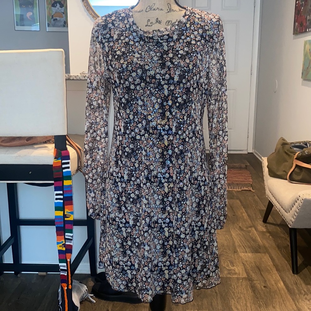 Floral long sleeve mini dress with mesh overlay